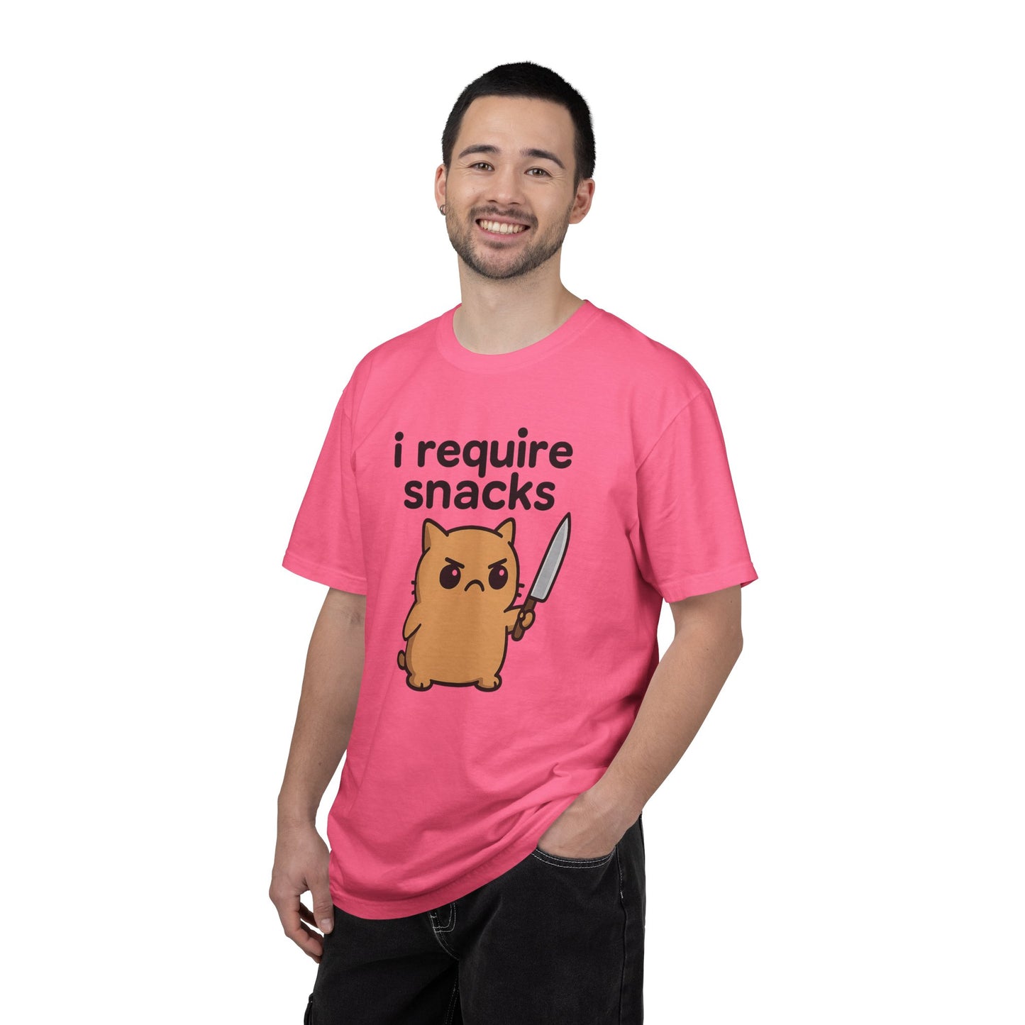 I Require Snacks T-Shirt - Cute Angry Cat Holding Knife Graphic Tee