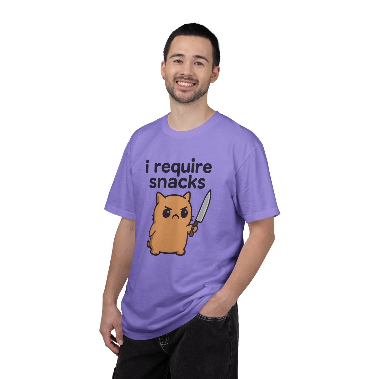 I Require Snacks T-Shirt - Cute Angry Cat Holding Knife Graphic Tee