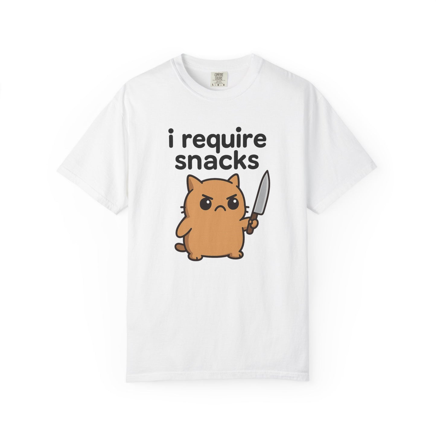 I Require Snacks T-Shirt - Cute Angry Cat Holding Knife Graphic Tee