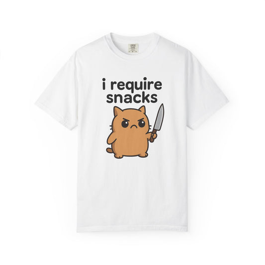 I Require Snacks T-Shirt - Cute Angry Cat Holding Knife Graphic Tee