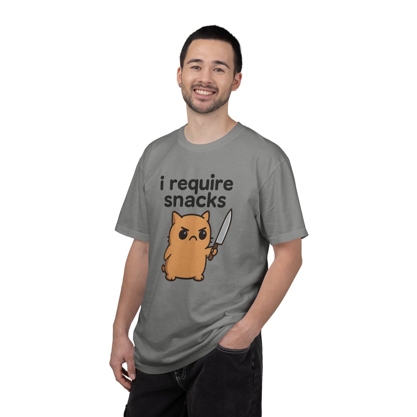 I Require Snacks T-Shirt - Cute Angry Cat Holding Knife Graphic Tee