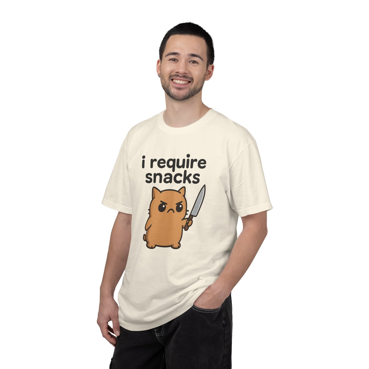 I Require Snacks T-Shirt - Cute Angry Cat Holding Knife Graphic Tee