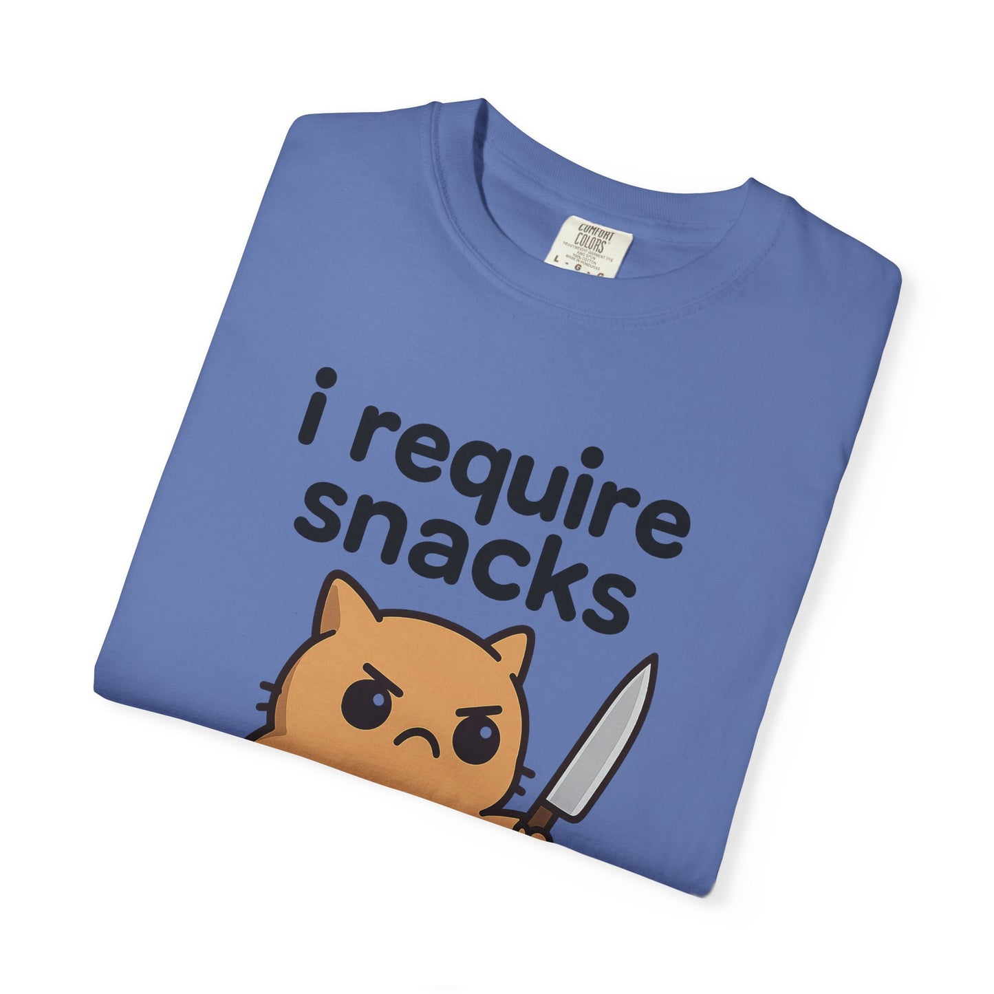 I Require Snacks T-Shirt - Cute Angry Cat Holding Knife Graphic Tee