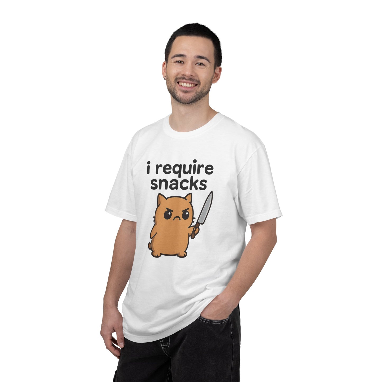 I Require Snacks T-Shirt - Cute Angry Cat Holding Knife Graphic Tee