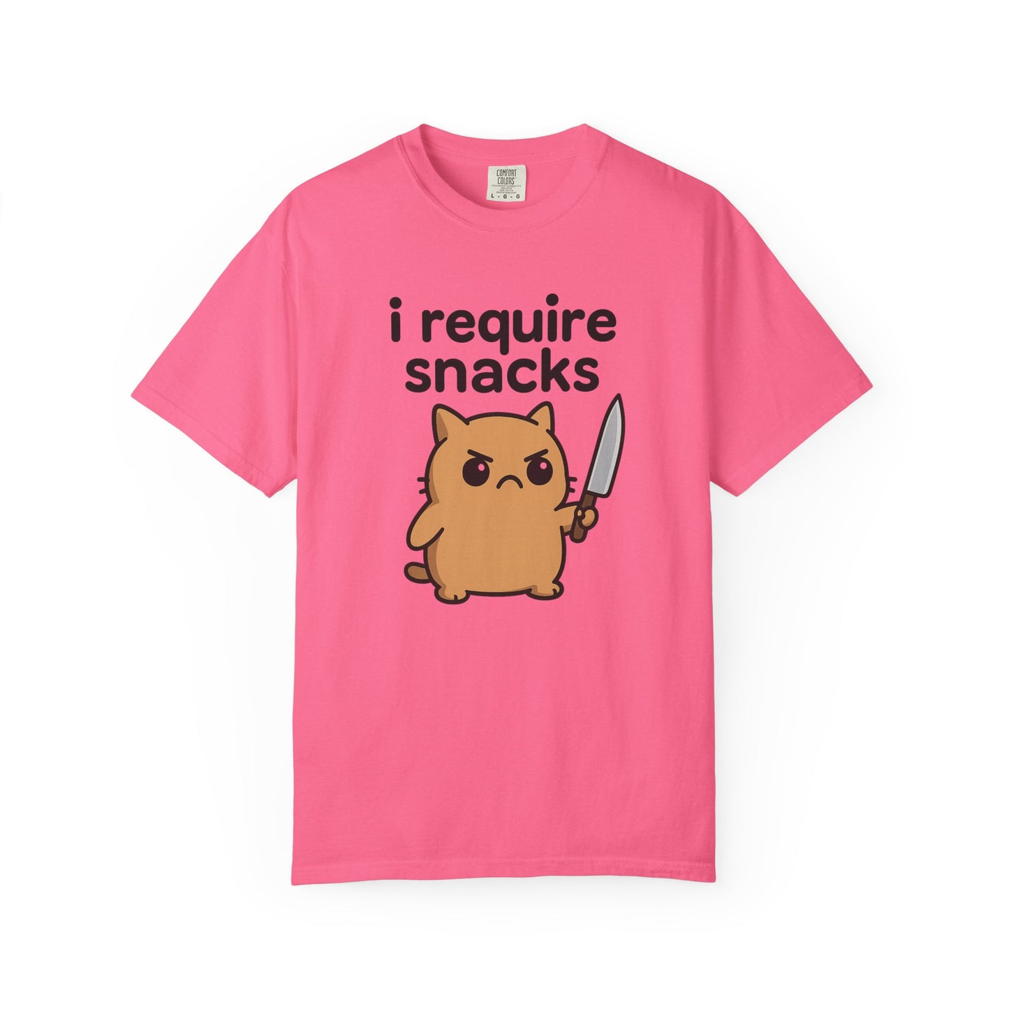 I Require Snacks T-Shirt - Cute Angry Cat Holding Knife Graphic Tee