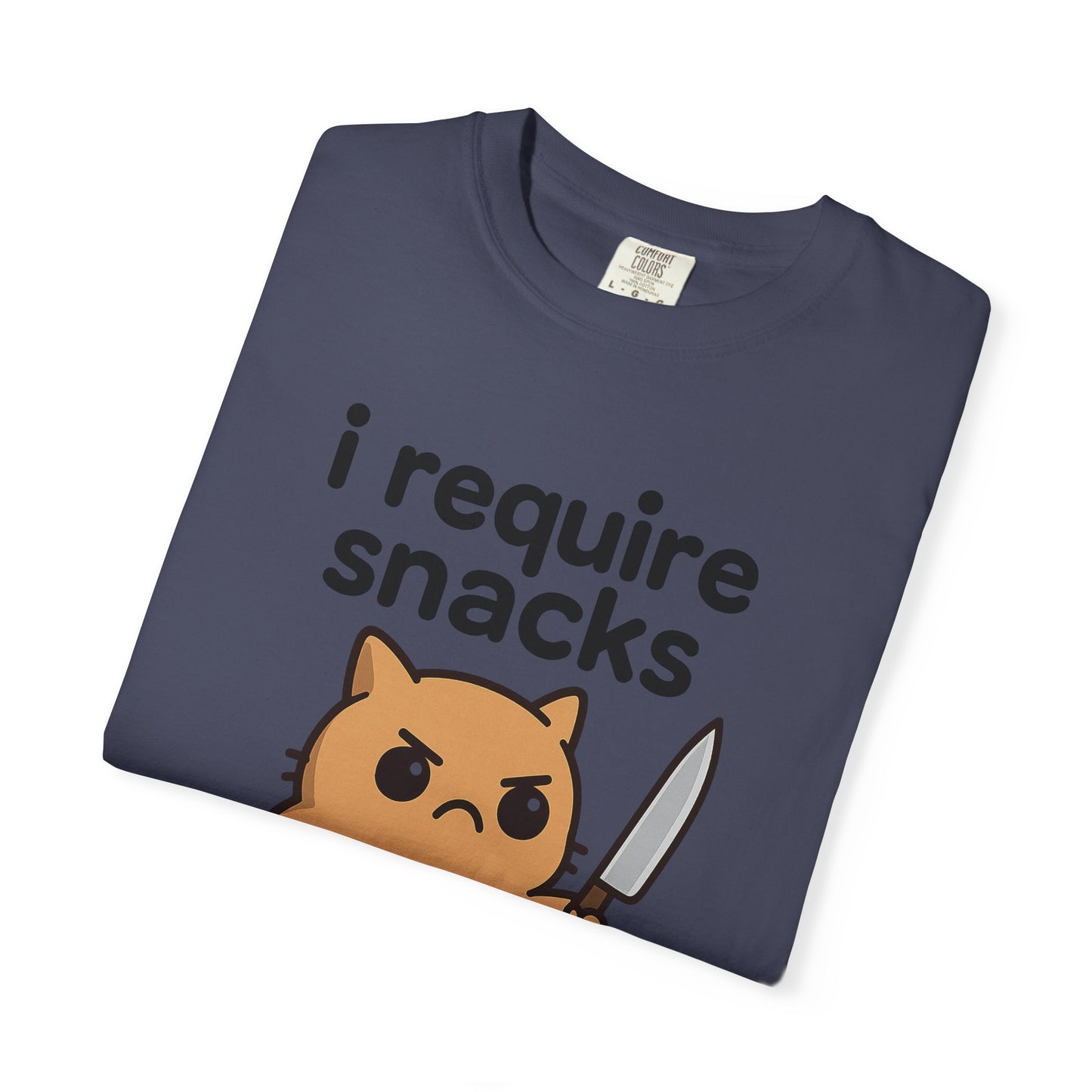 I Require Snacks T-Shirt - Cute Angry Cat Holding Knife Graphic Tee