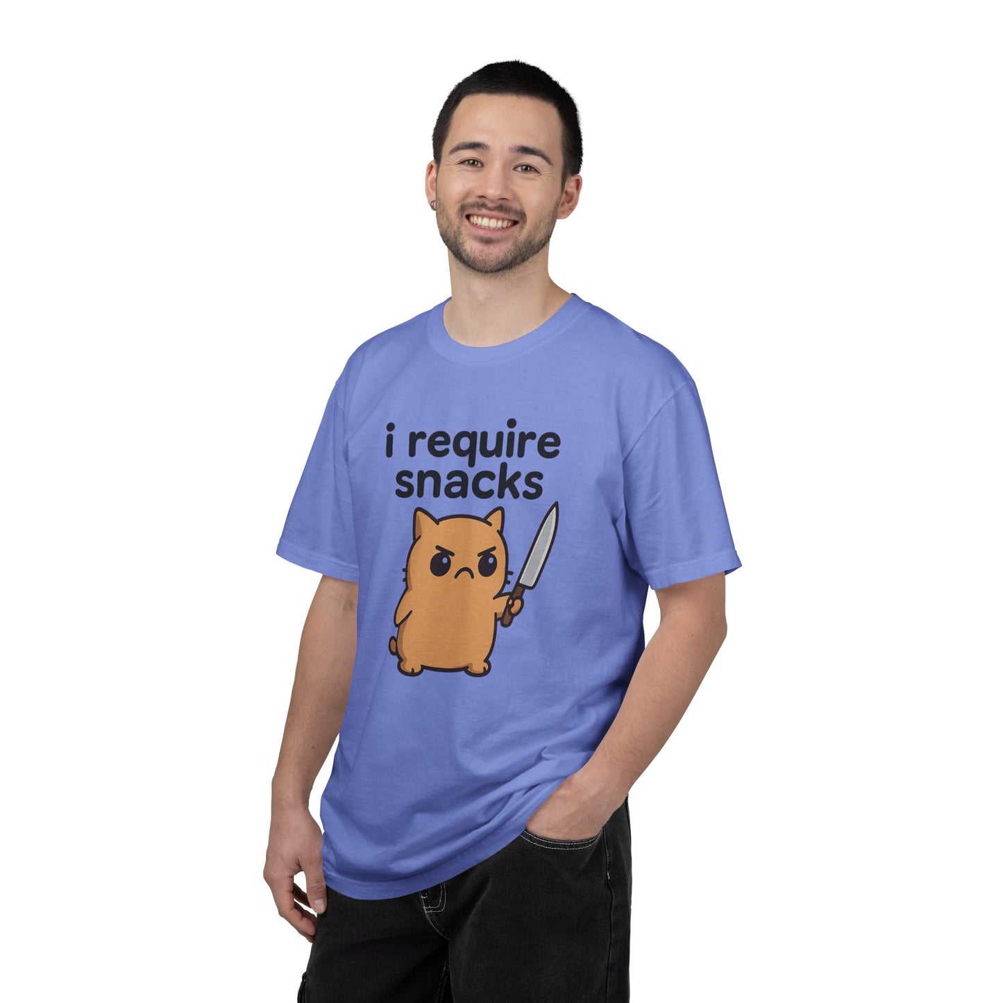 I Require Snacks T-Shirt - Cute Angry Cat Holding Knife Graphic Tee