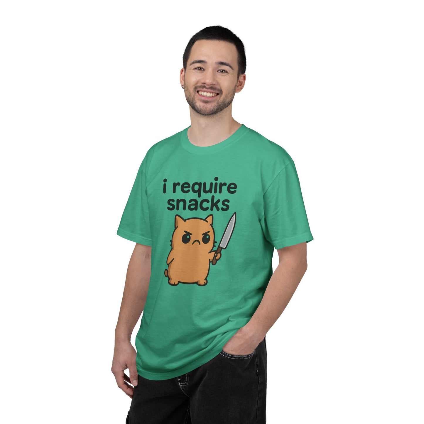 I Require Snacks T-Shirt - Cute Angry Cat Holding Knife Graphic Tee