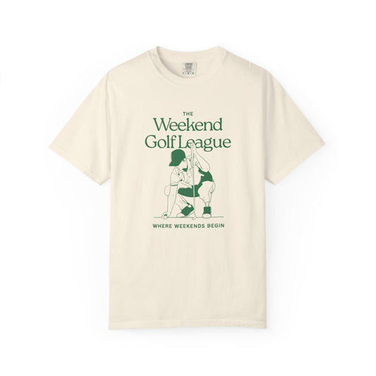 Golf T-Shirt — "The Weekend Golf League" Vintage Club Tee (Where Weekends Begin)