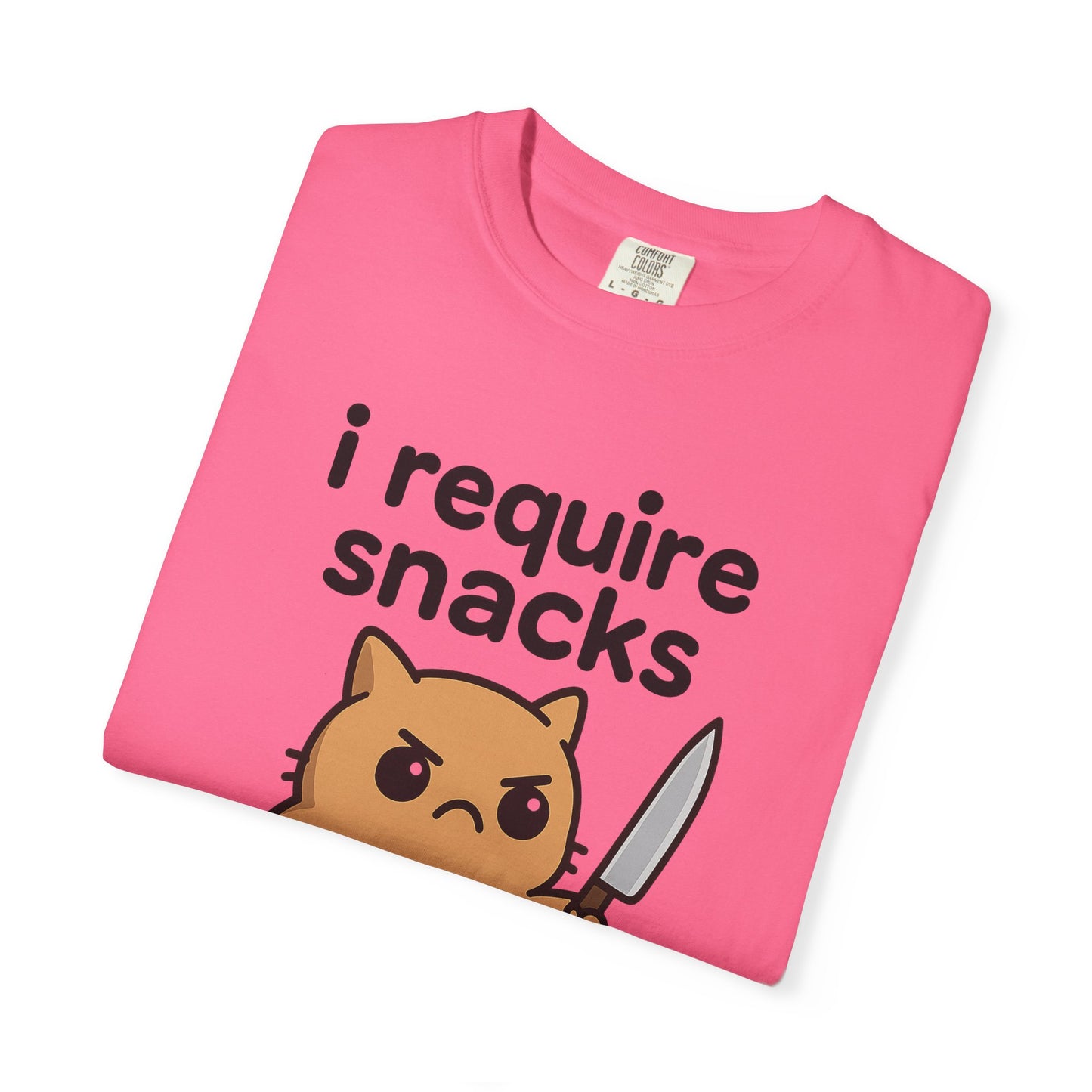 I Require Snacks T-Shirt - Cute Angry Cat Holding Knife Graphic Tee