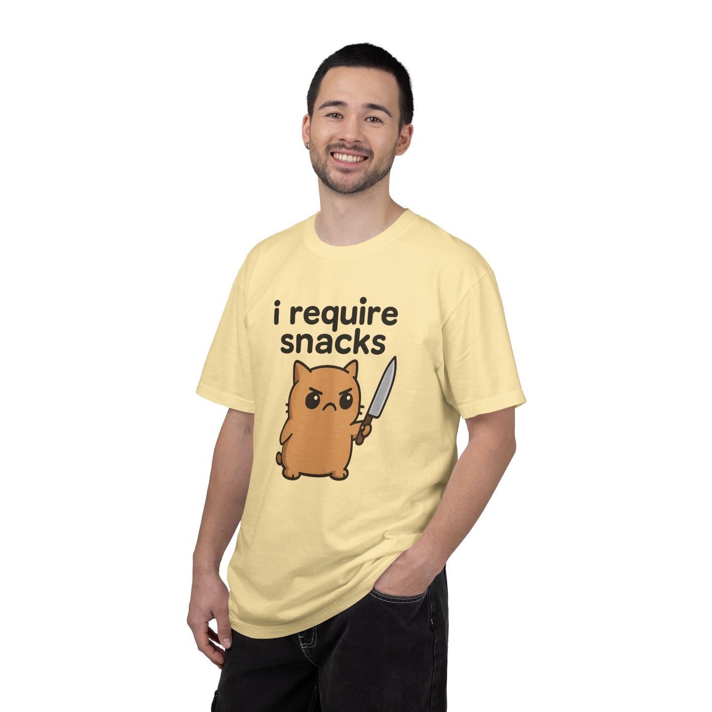 I Require Snacks T-Shirt - Cute Angry Cat Holding Knife Graphic Tee