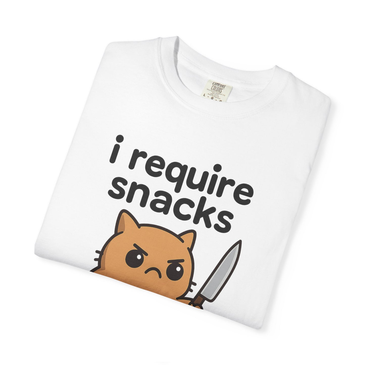 I Require Snacks T-Shirt - Cute Angry Cat Holding Knife Graphic Tee