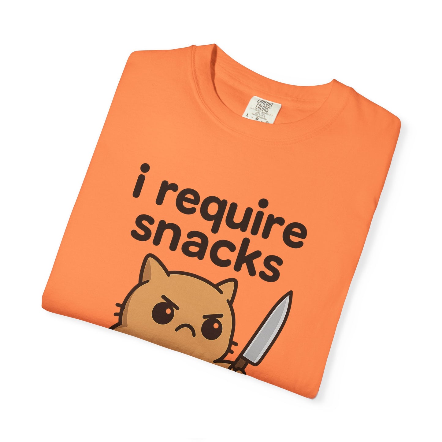 I Require Snacks T-Shirt - Cute Angry Cat Holding Knife Graphic Tee