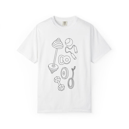 Fitness Gear Outline T-Shirt — Minimal Gym Equipment Design