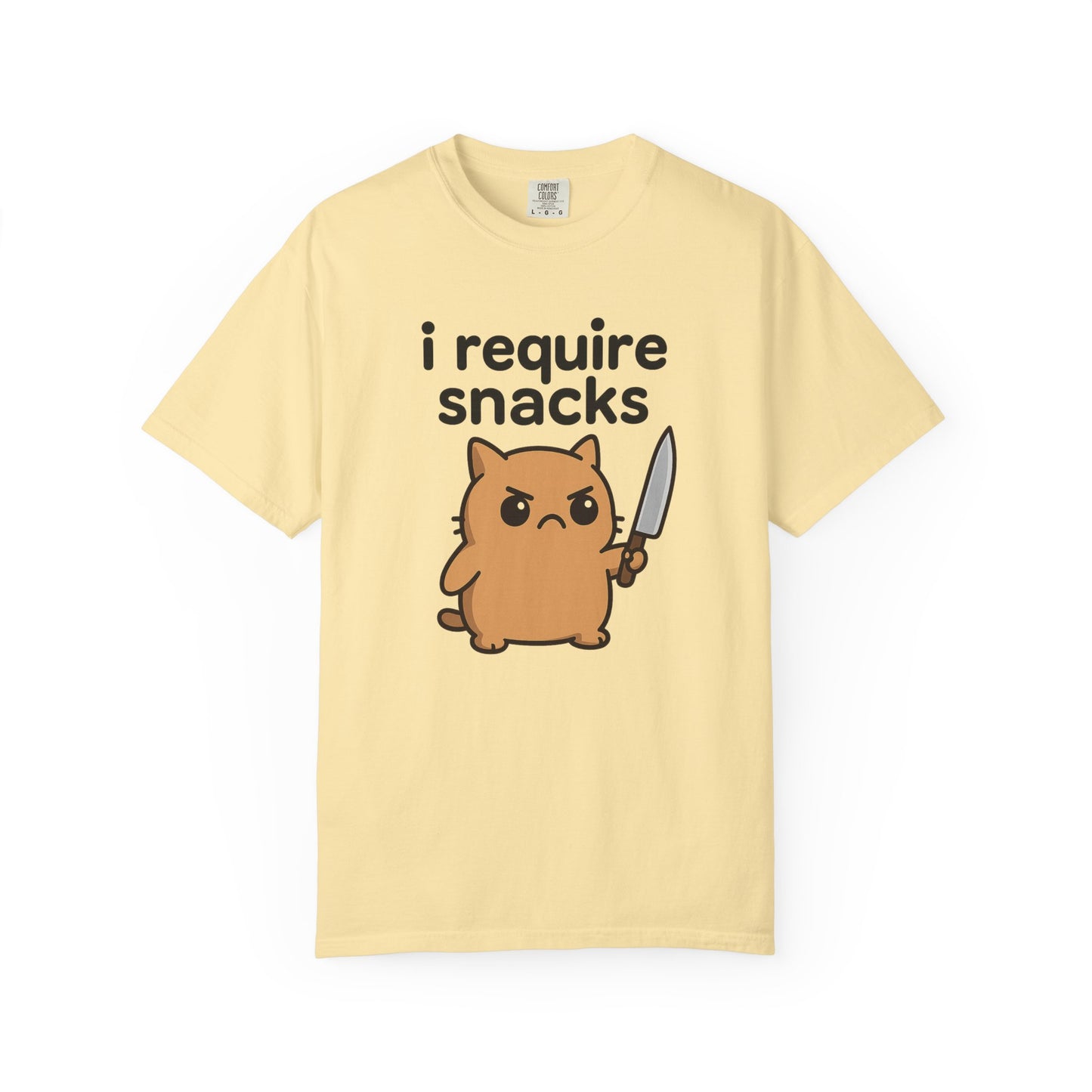 I Require Snacks T-Shirt - Cute Angry Cat Holding Knife Graphic Tee