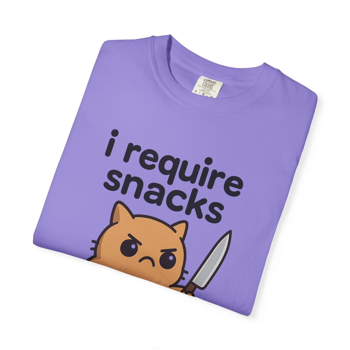 I Require Snacks T-Shirt - Cute Angry Cat Holding Knife Graphic Tee