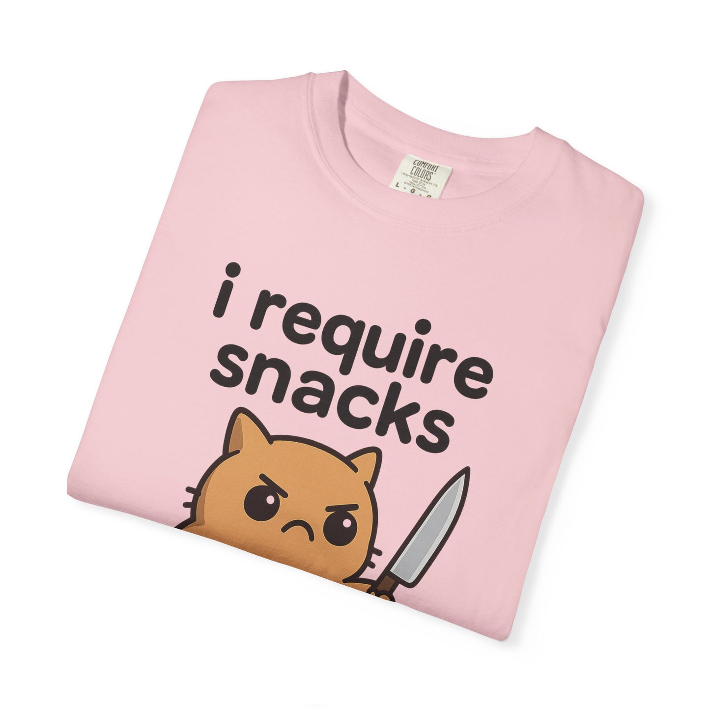 I Require Snacks T-Shirt - Cute Angry Cat Holding Knife Graphic Tee