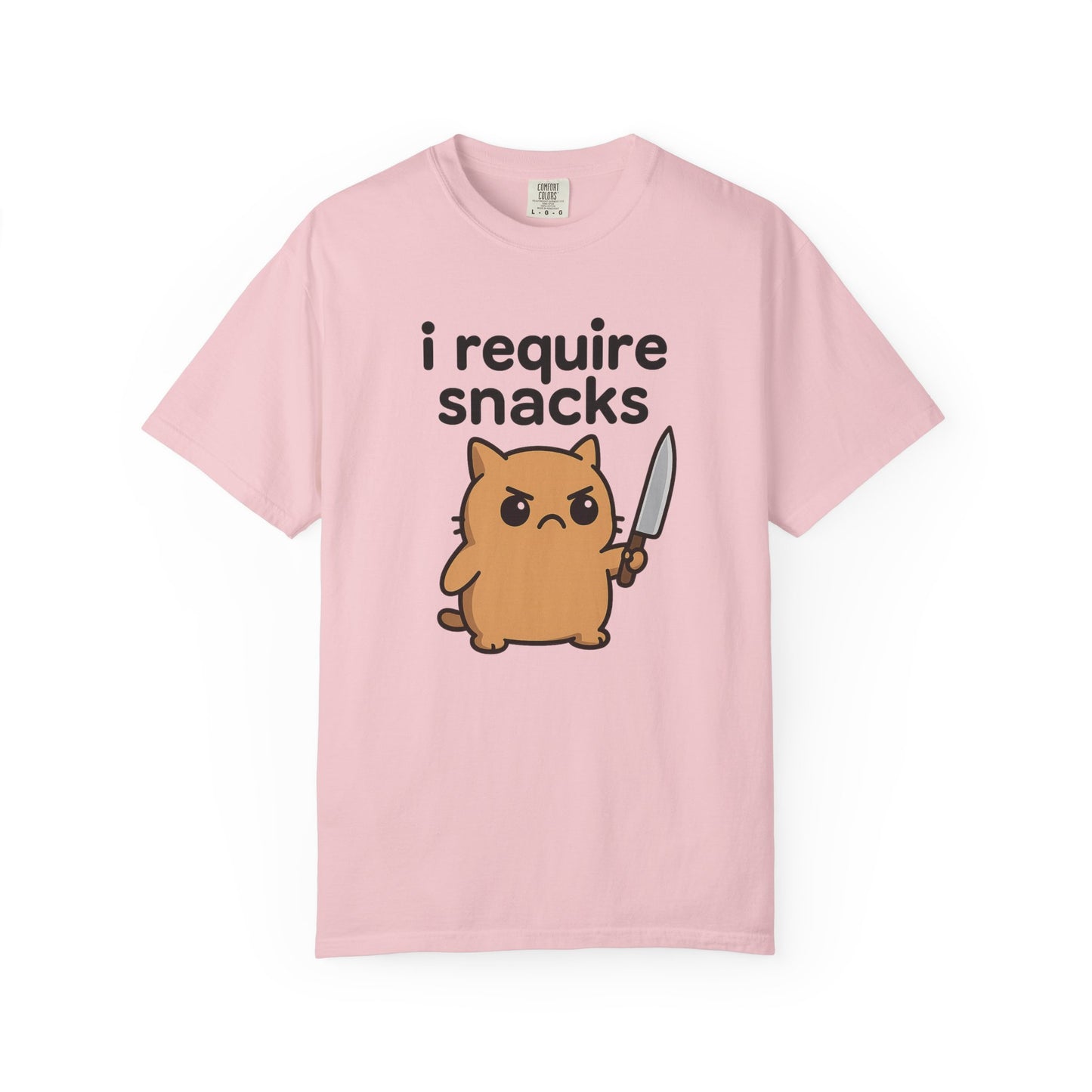 I Require Snacks T-Shirt - Cute Angry Cat Holding Knife Graphic Tee