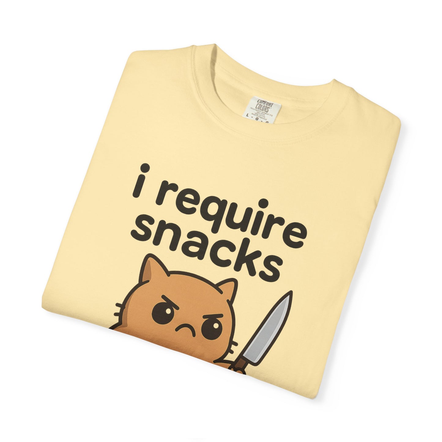 I Require Snacks T-Shirt - Cute Angry Cat Holding Knife Graphic Tee