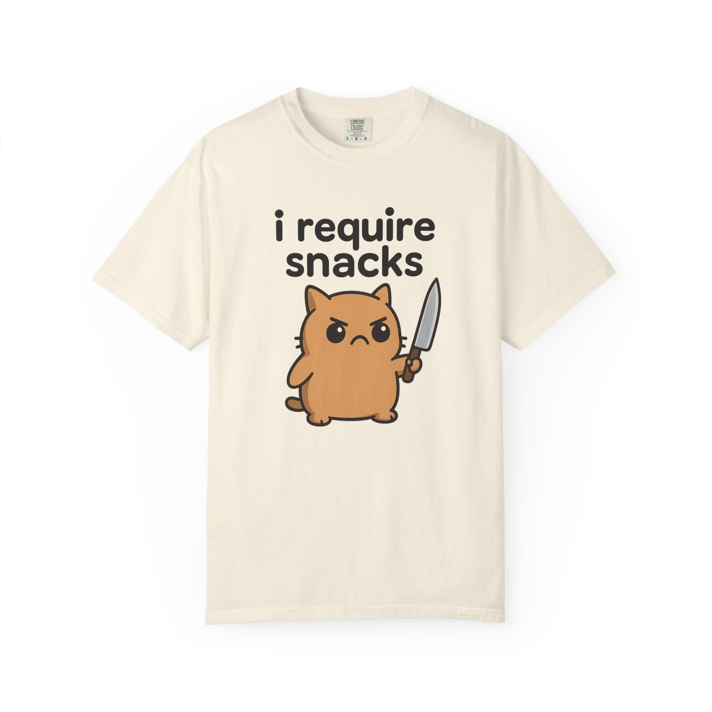 I Require Snacks T-Shirt - Cute Angry Cat Holding Knife Graphic Tee