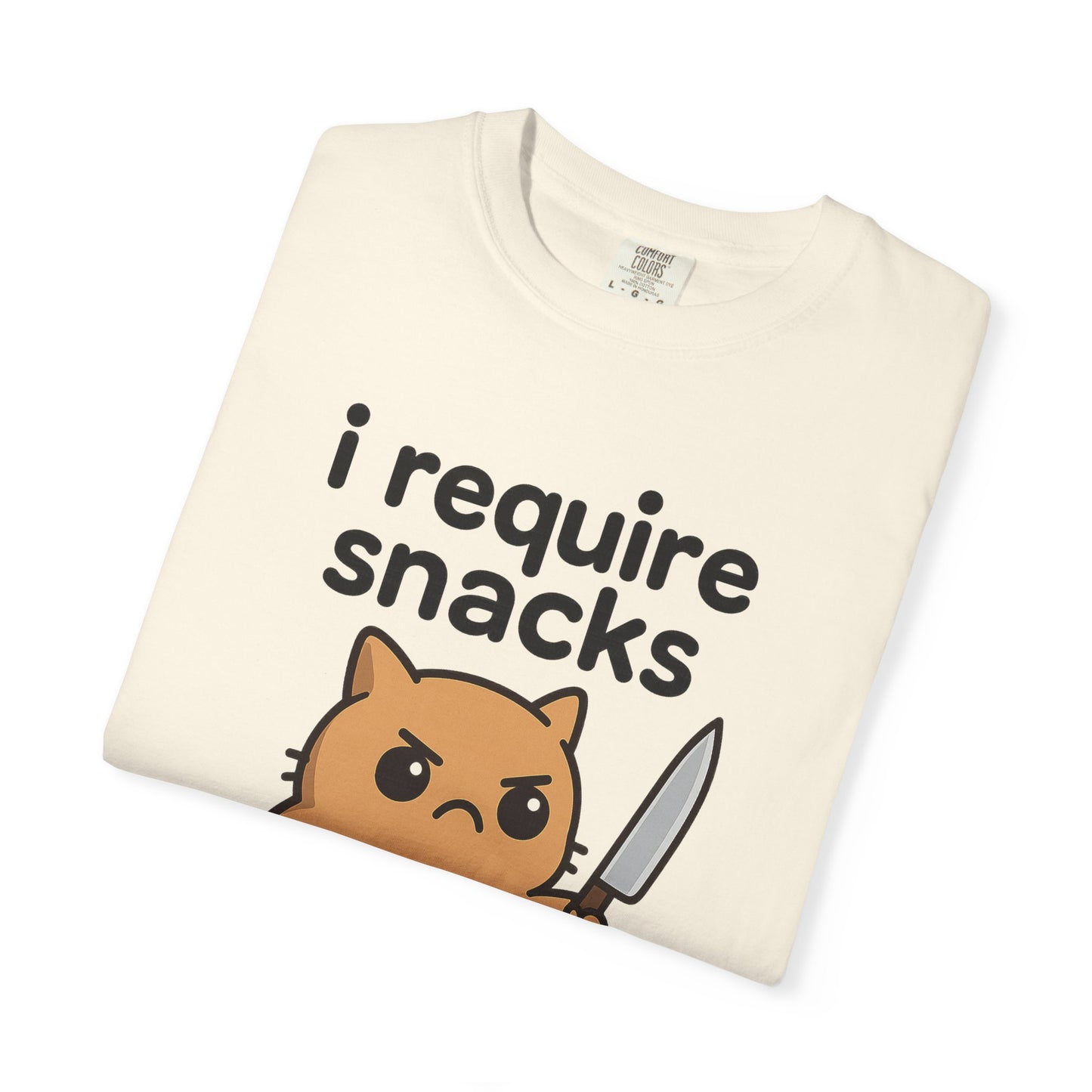 I Require Snacks T-Shirt - Cute Angry Cat Holding Knife Graphic Tee