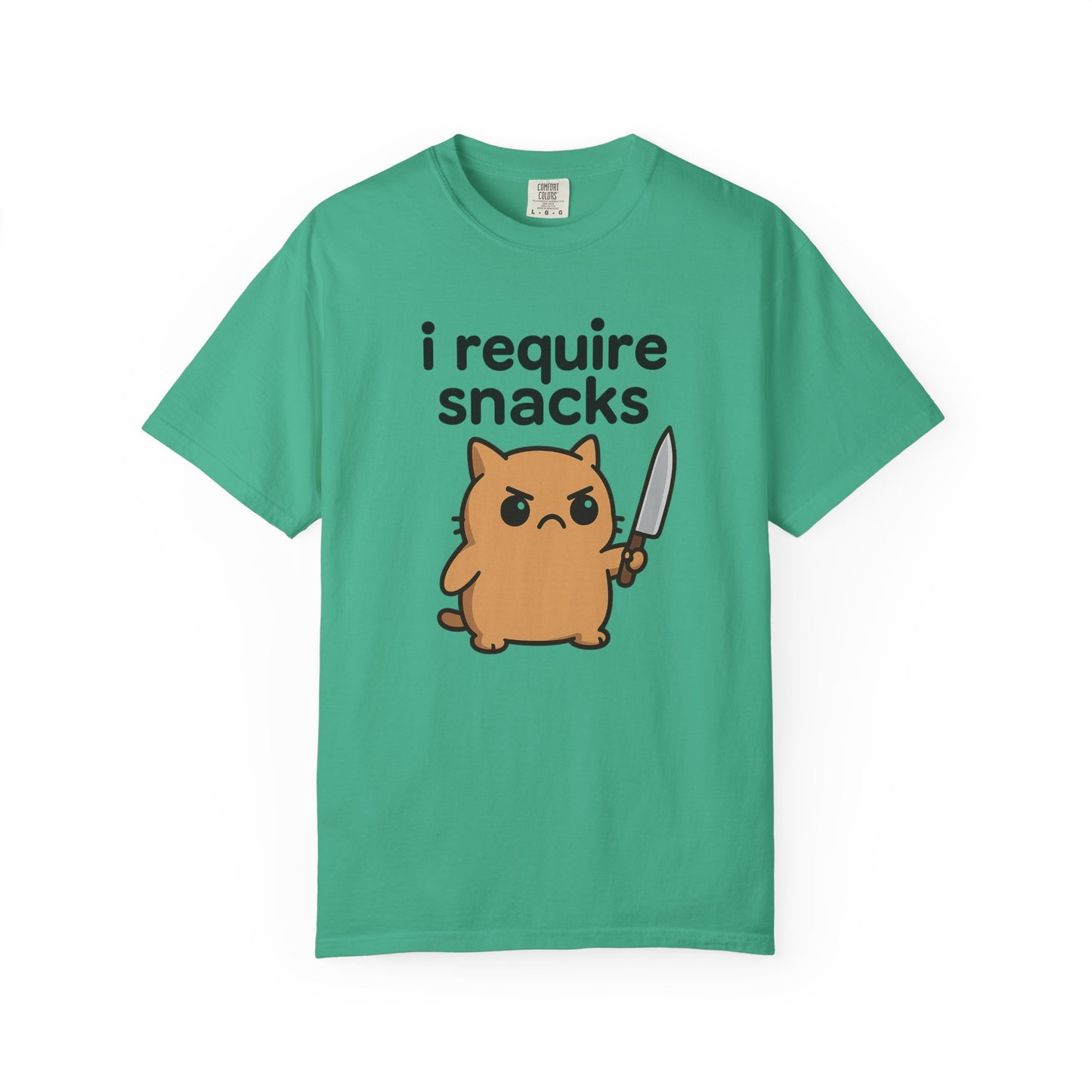 I Require Snacks T-Shirt - Cute Angry Cat Holding Knife Graphic Tee