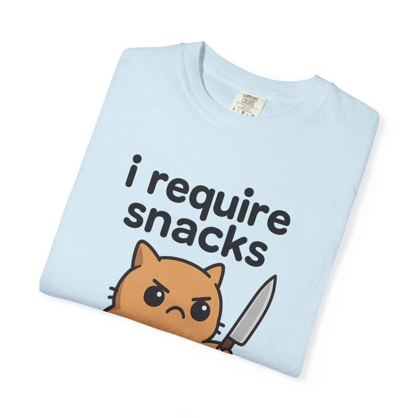 I Require Snacks T-Shirt - Cute Angry Cat Holding Knife Graphic Tee
