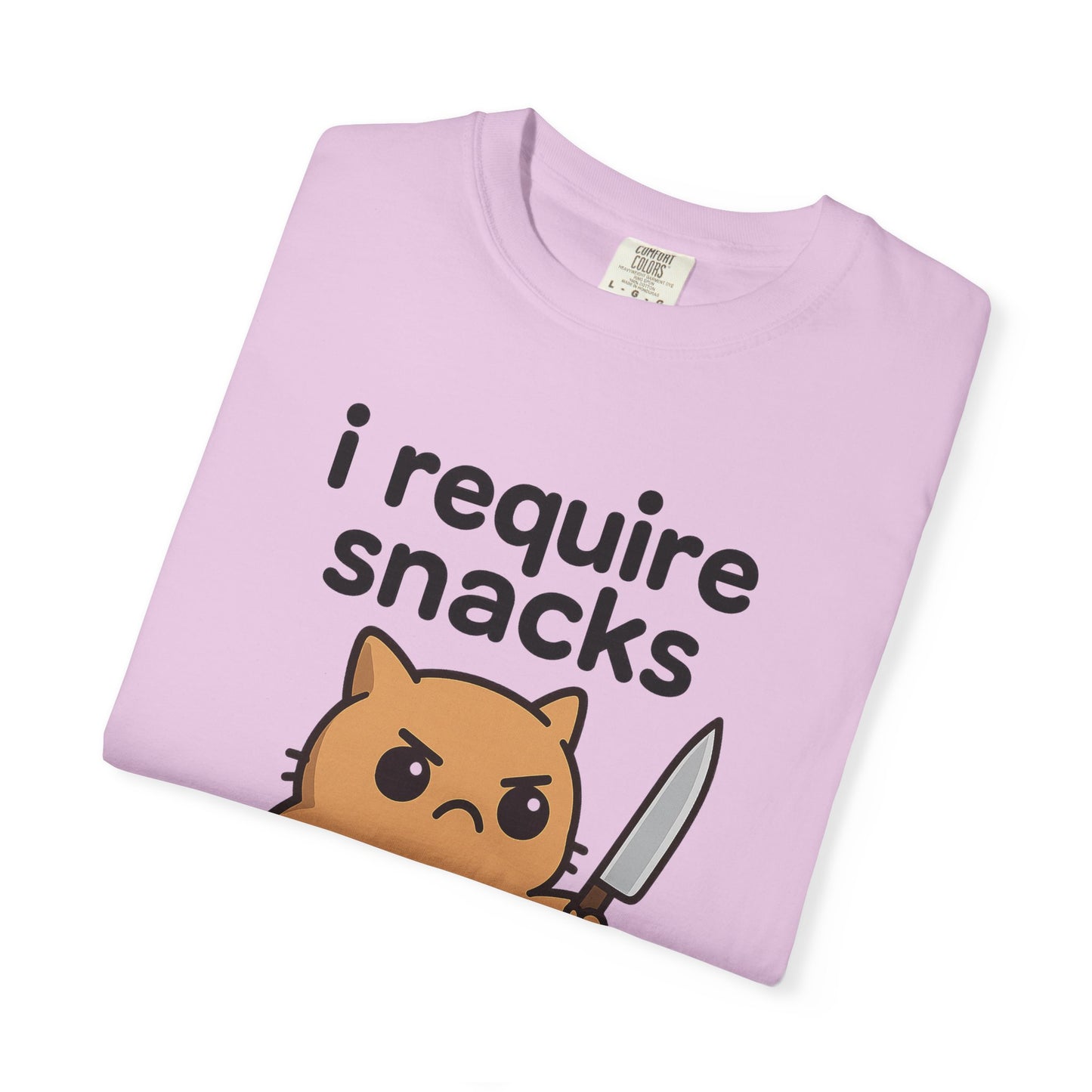 I Require Snacks T-Shirt - Cute Angry Cat Holding Knife Graphic Tee