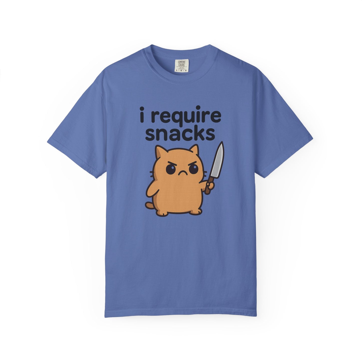 I Require Snacks T-Shirt - Cute Angry Cat Holding Knife Graphic Tee