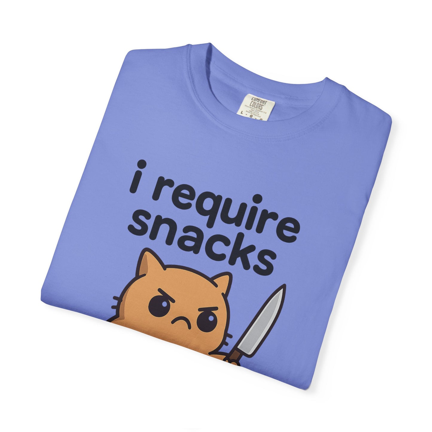 I Require Snacks T-Shirt - Cute Angry Cat Holding Knife Graphic Tee