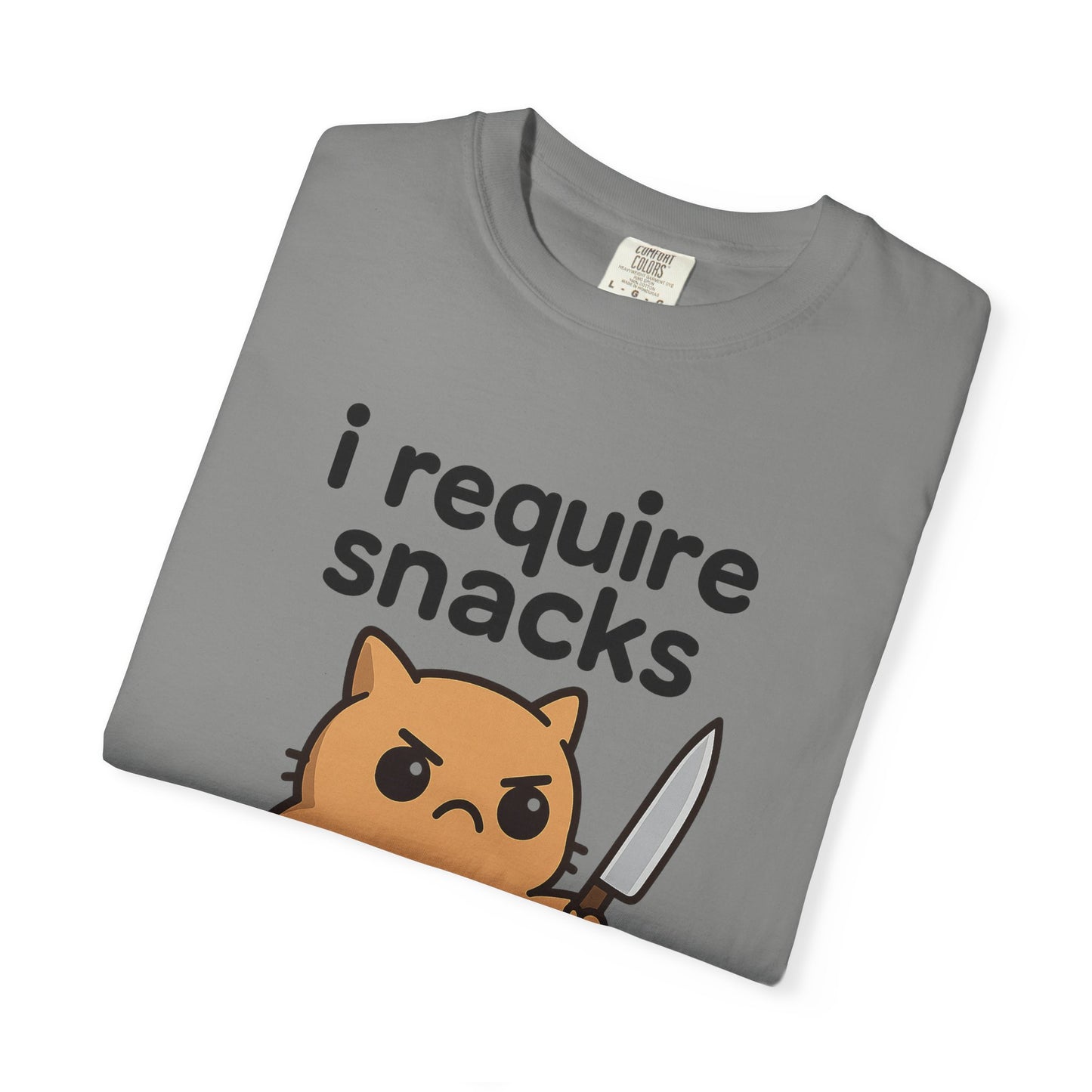 I Require Snacks T-Shirt - Cute Angry Cat Holding Knife Graphic Tee