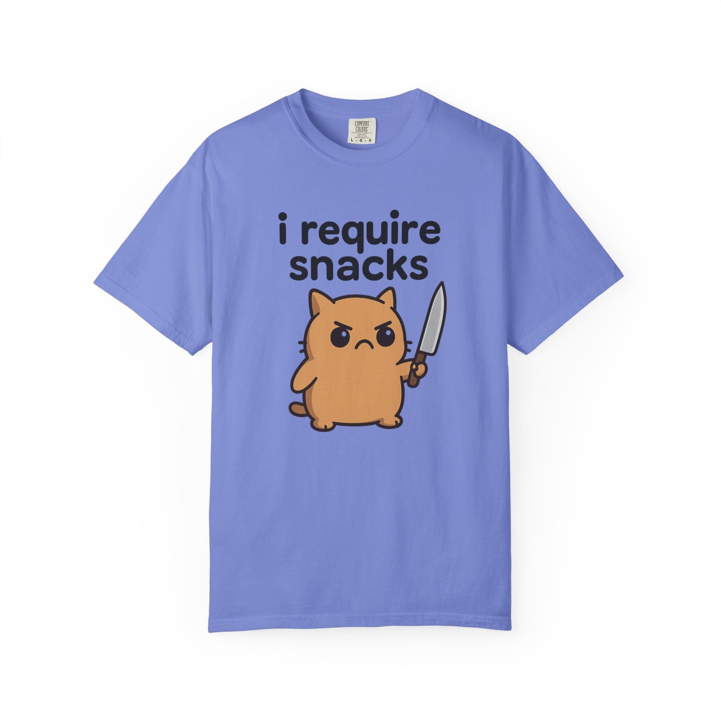 I Require Snacks T-Shirt - Cute Angry Cat Holding Knife Graphic Tee
