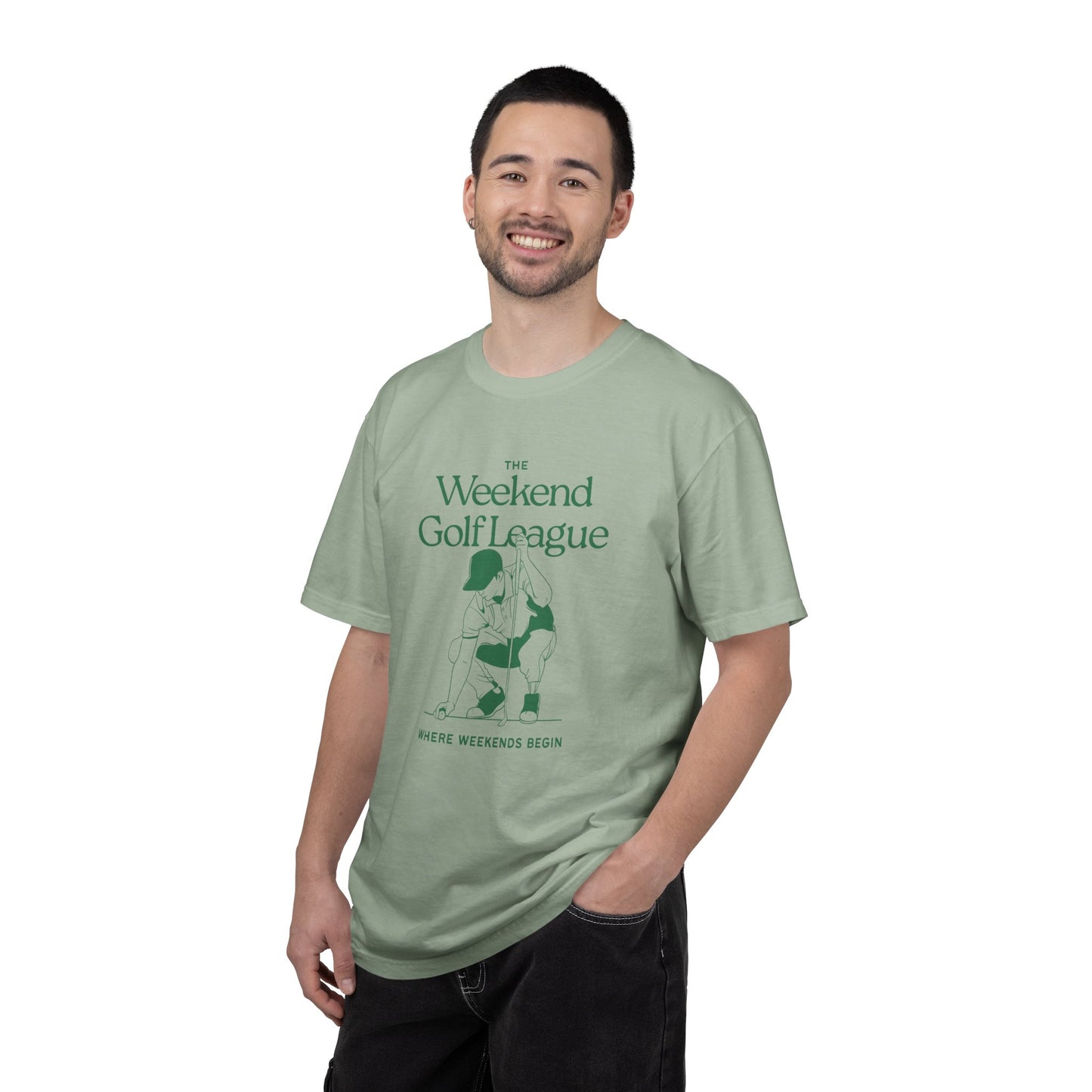 Golf T-Shirt — "The Weekend Golf League" Vintage Club Tee (Where Weekends Begin)