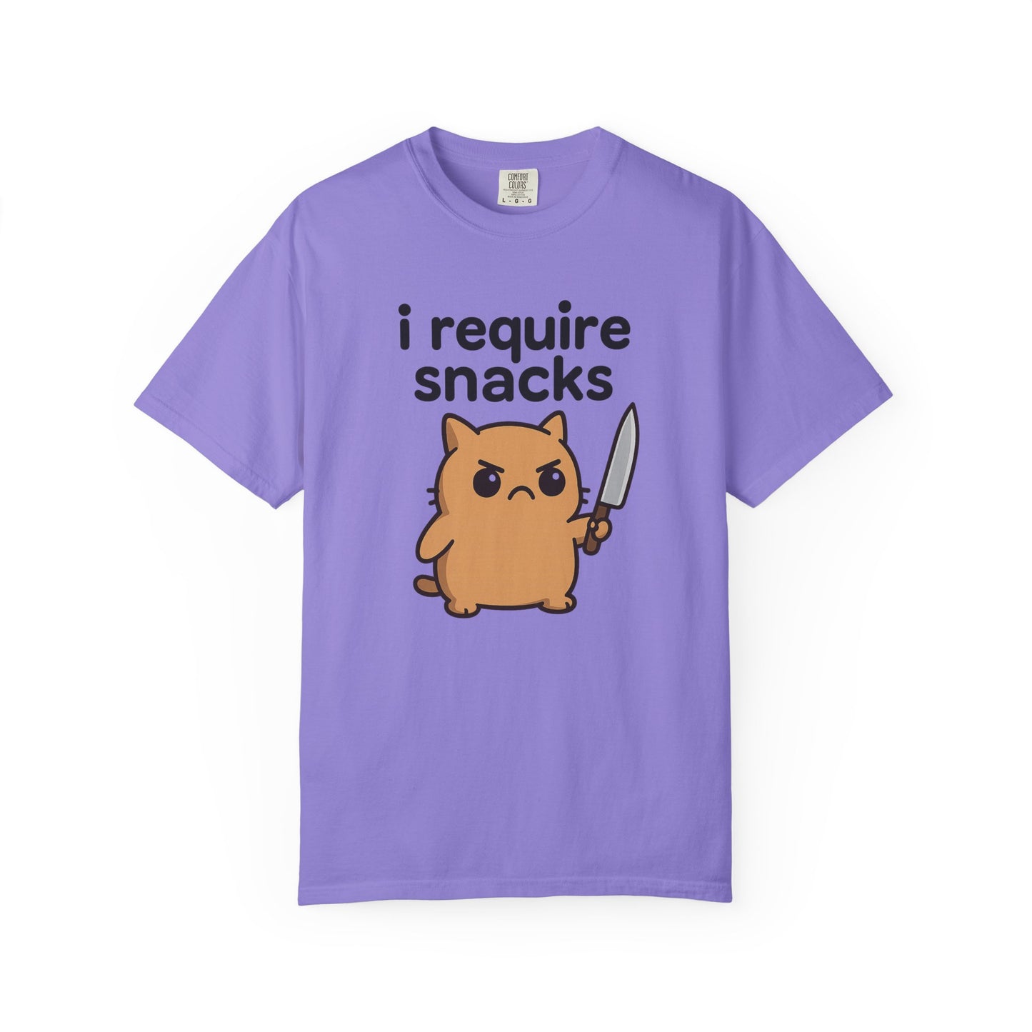 I Require Snacks T-Shirt - Cute Angry Cat Holding Knife Graphic Tee
