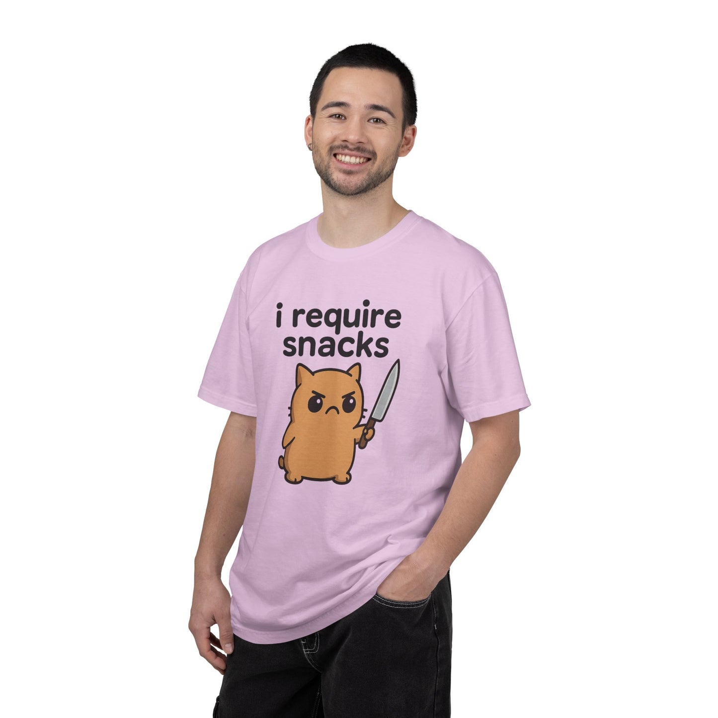 I Require Snacks T-Shirt - Cute Angry Cat Holding Knife Graphic Tee