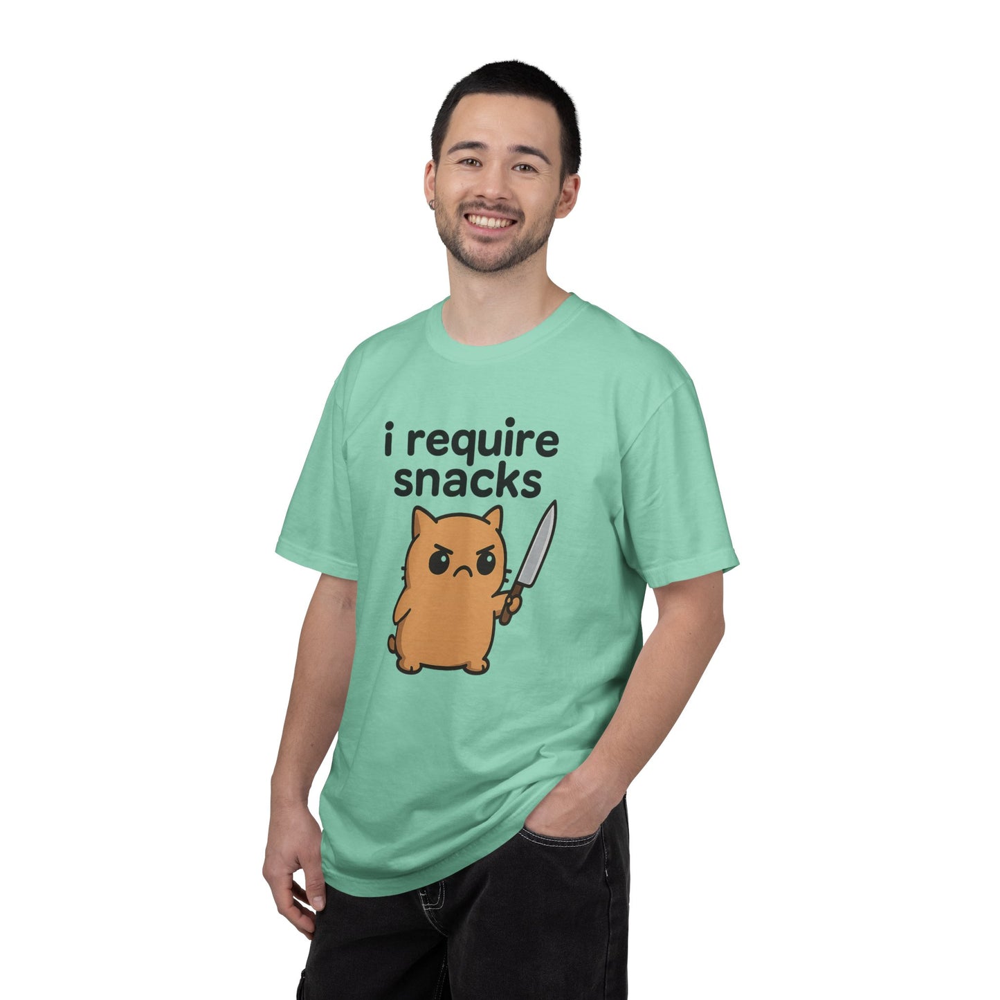 I Require Snacks T-Shirt - Cute Angry Cat Holding Knife Graphic Tee