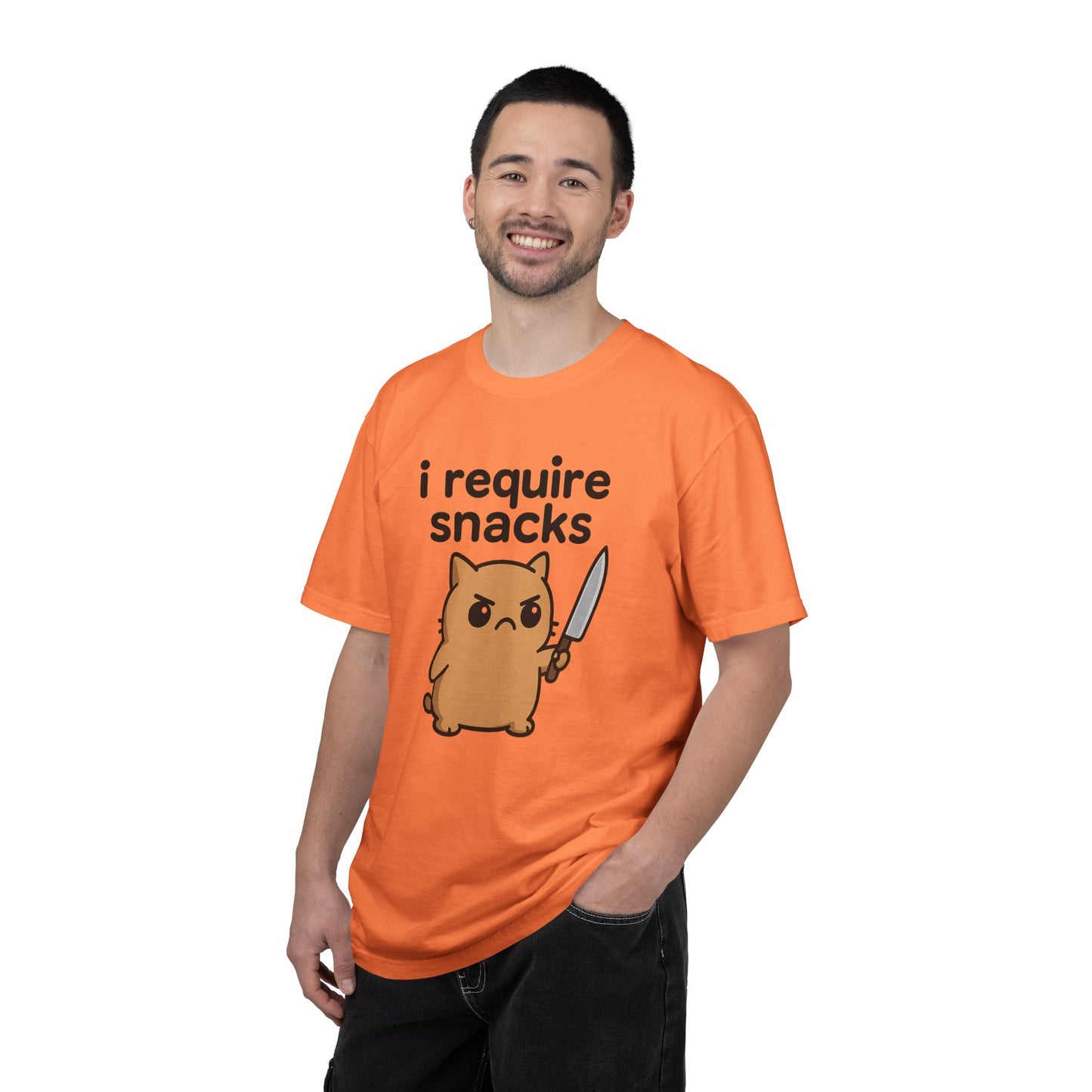 I Require Snacks T-Shirt - Cute Angry Cat Holding Knife Graphic Tee