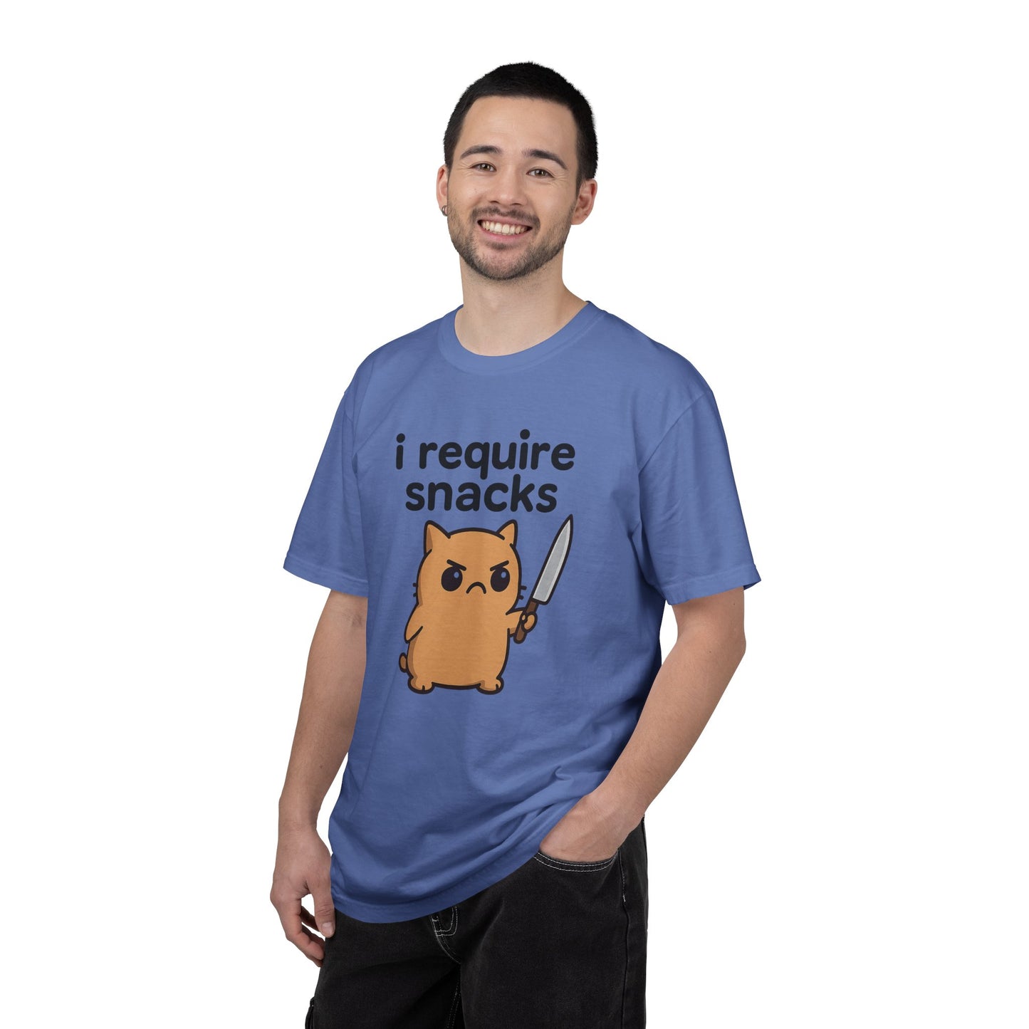I Require Snacks T-Shirt - Cute Angry Cat Holding Knife Graphic Tee