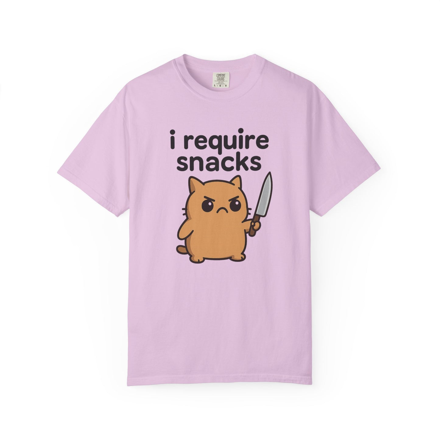 I Require Snacks T-Shirt - Cute Angry Cat Holding Knife Graphic Tee
