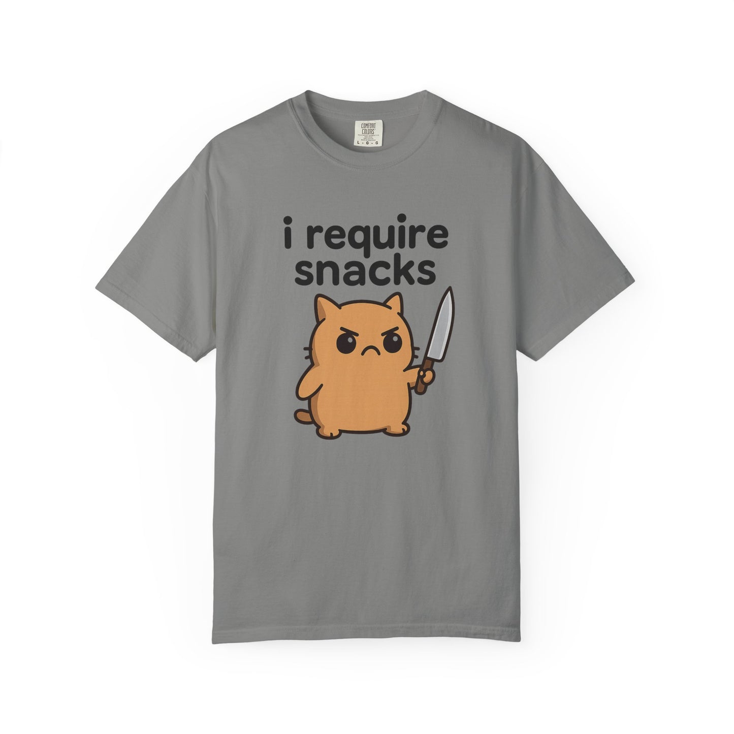 I Require Snacks T-Shirt - Cute Angry Cat Holding Knife Graphic Tee