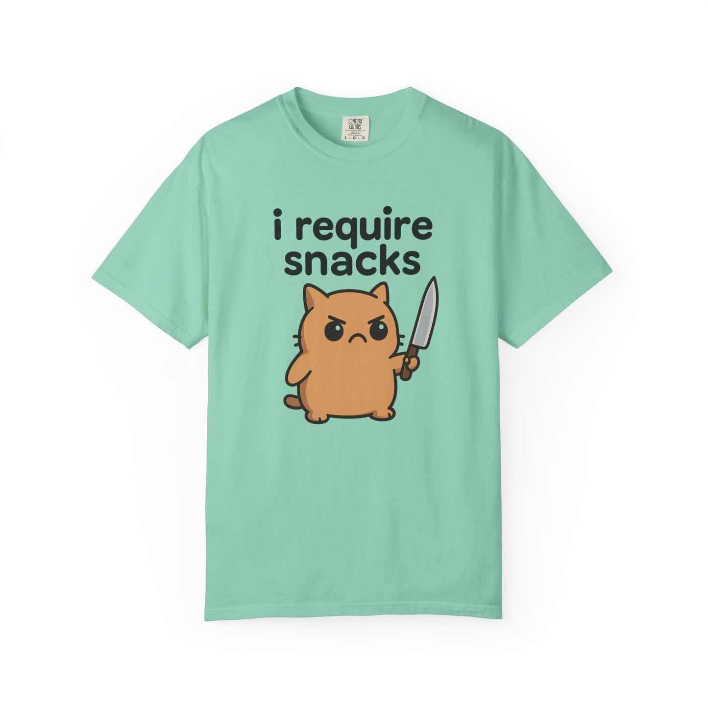 I Require Snacks T-Shirt - Cute Angry Cat Holding Knife Graphic Tee