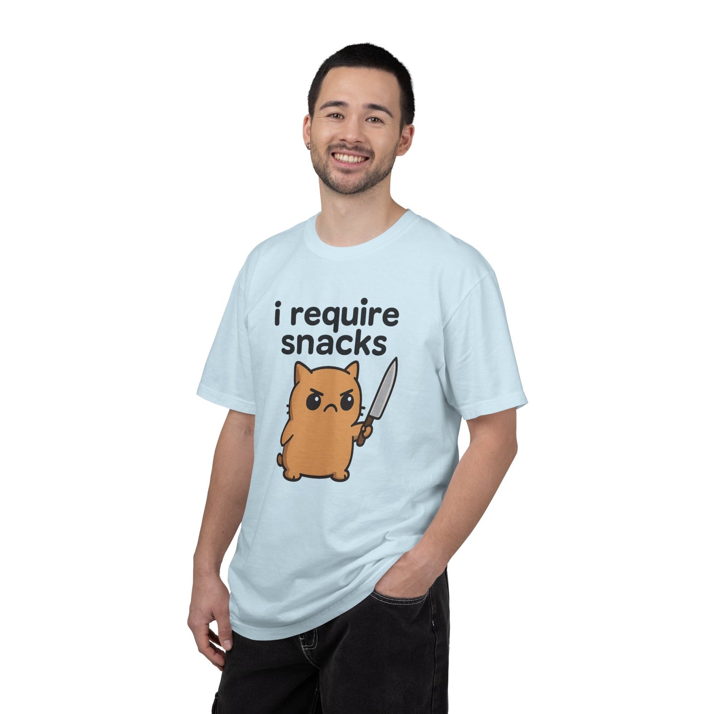 I Require Snacks T-Shirt - Cute Angry Cat Holding Knife Graphic Tee