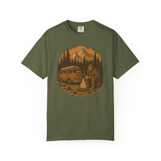 Campfire Sasquatch T-Shirt - Vintage Van & Mountain Camping Tee