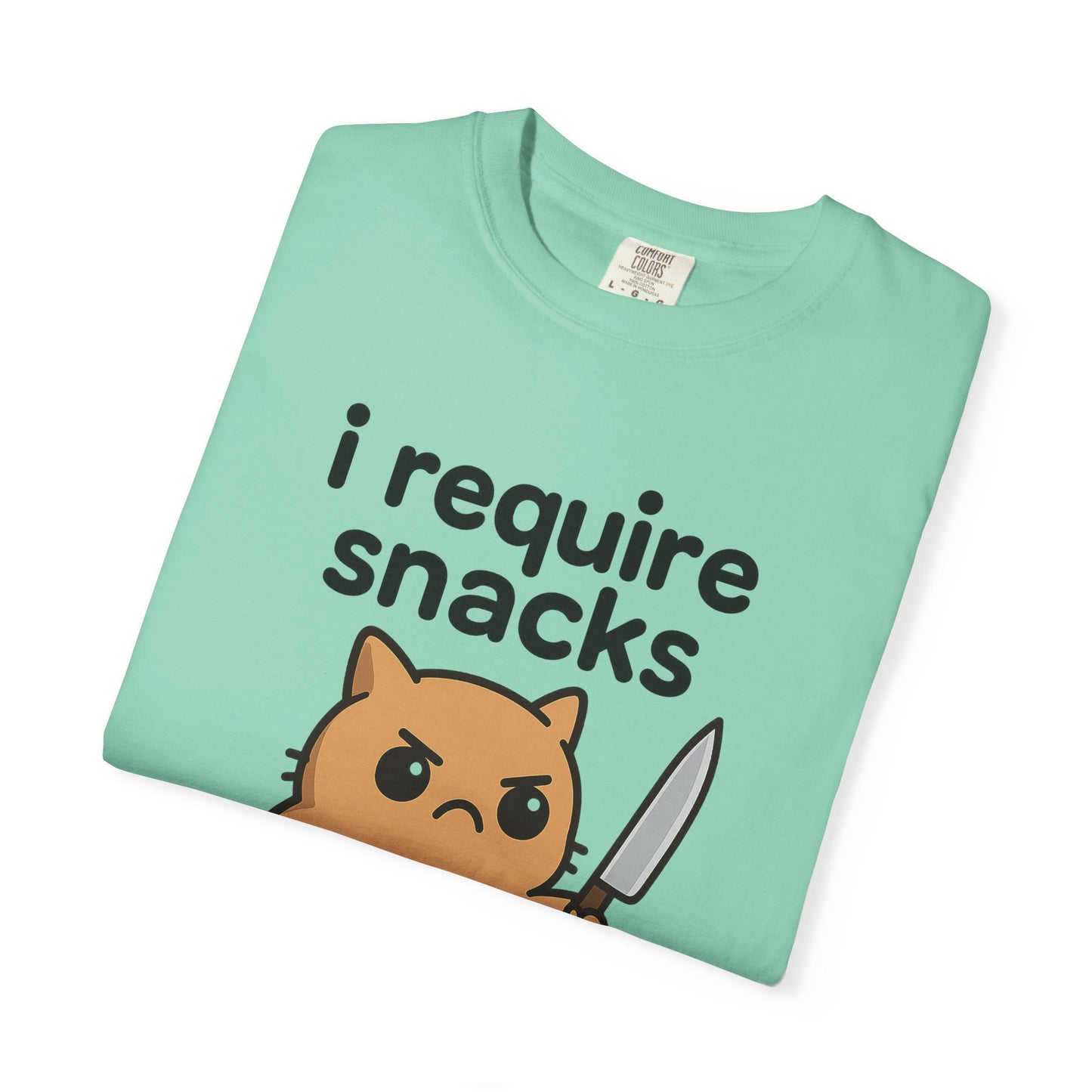 I Require Snacks T-Shirt - Cute Angry Cat Holding Knife Graphic Tee