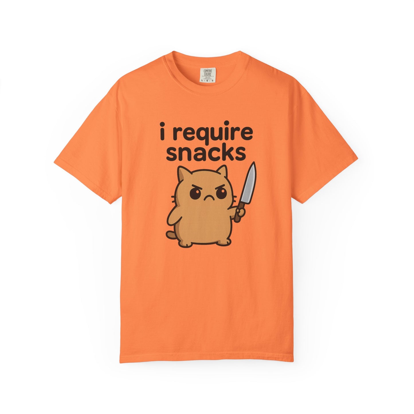 I Require Snacks T-Shirt - Cute Angry Cat Holding Knife Graphic Tee