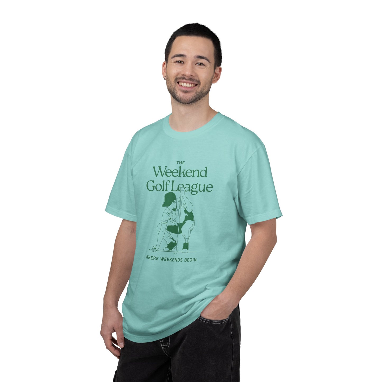 Golf T-Shirt — "The Weekend Golf League" Vintage Club Tee (Where Weekends Begin)