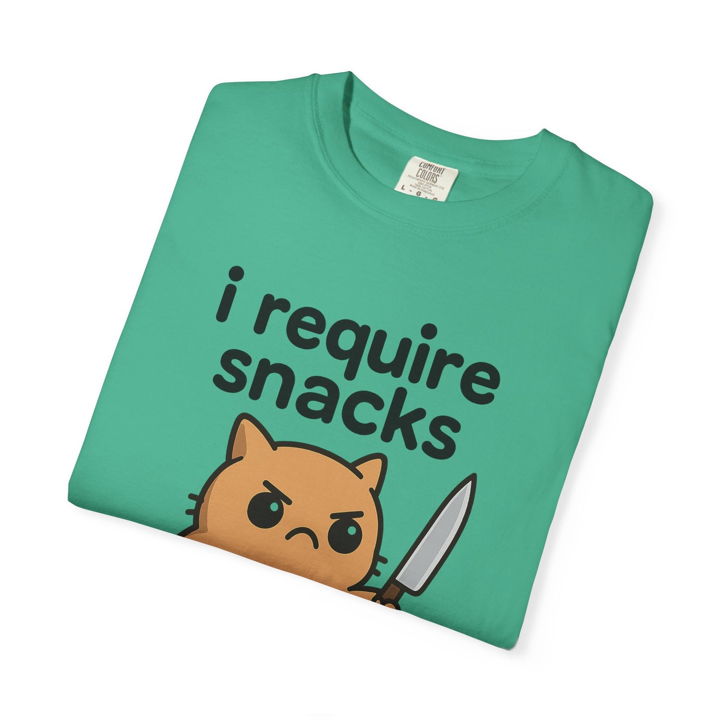 I Require Snacks T-Shirt - Cute Angry Cat Holding Knife Graphic Tee