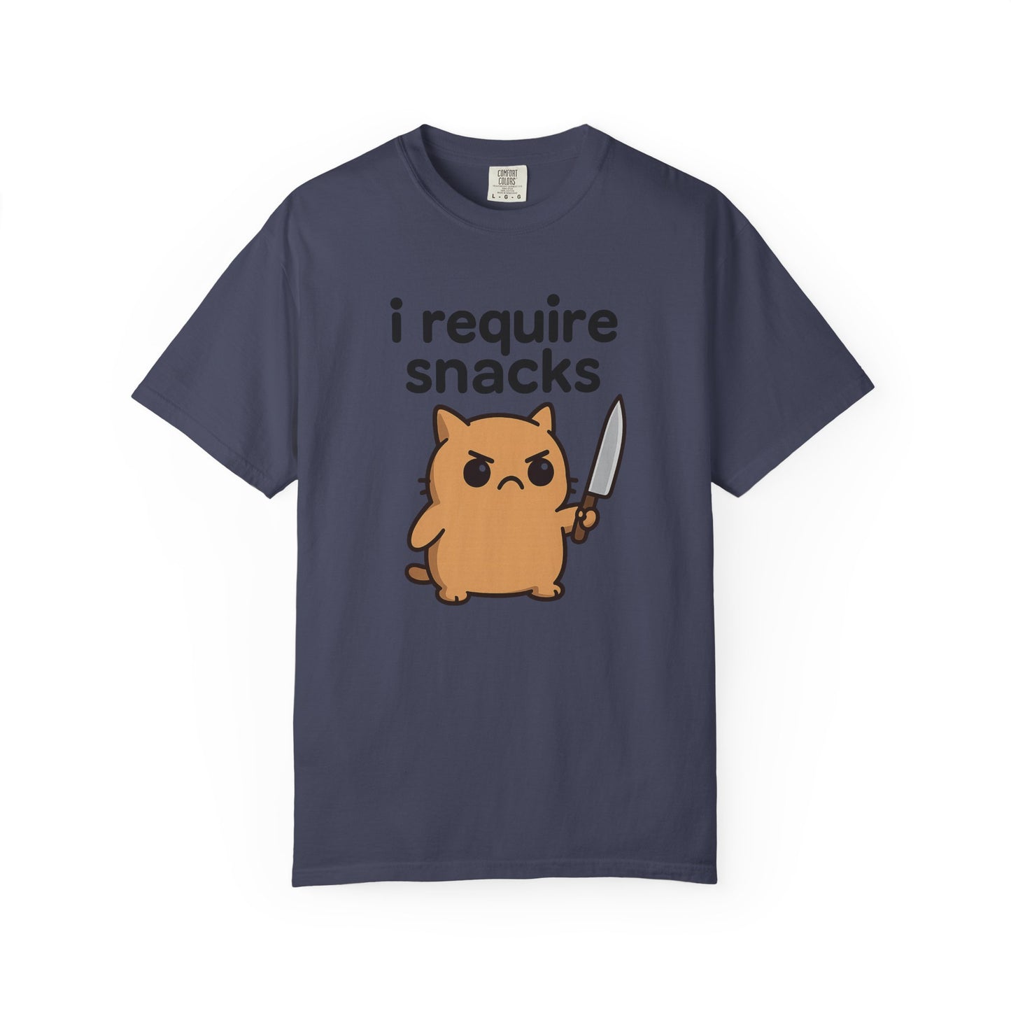 I Require Snacks T-Shirt - Cute Angry Cat Holding Knife Graphic Tee